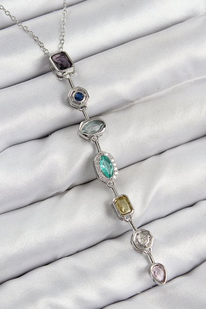 Brass Colored Zircon Stone Model Silver Color Women's Y Necklace