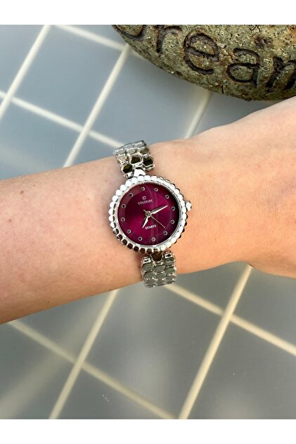 Vintage Round Silver Inside Burgundy Women Wrist Watch