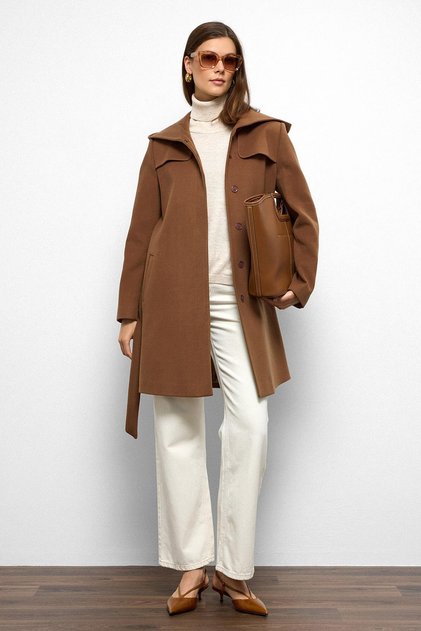 Hooded Cape Detailed Coat Taba 3109