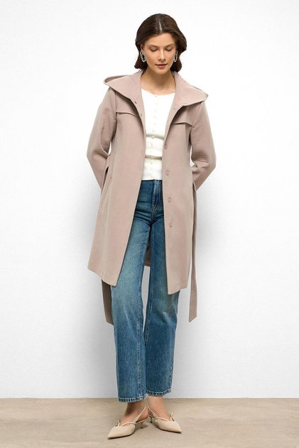 Hooded Cape Detailed Coat Stone 3109