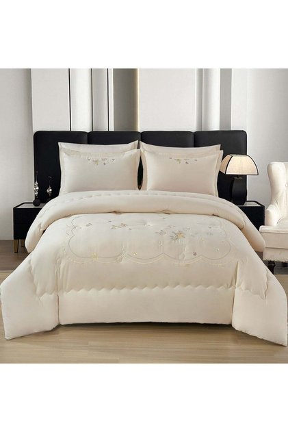 King Size Royalty Collection Floral Embroidered Cream Cotton 6Pc Comforter Set