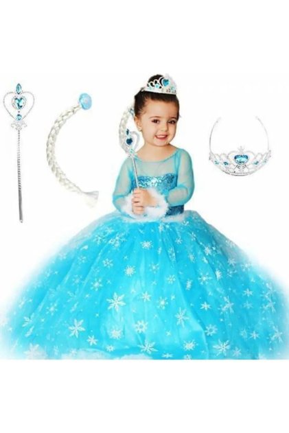 Costum Elsa albastru cu maneca lunga pentru copii