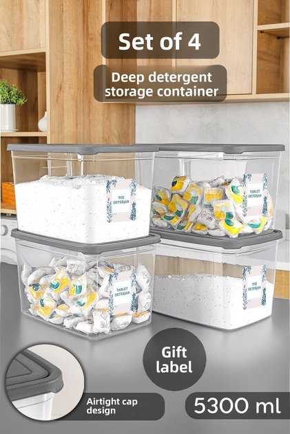 4 Mega Size Detergent Storage Box - Bathroom Tablet Powder Detergent Box with Label 5.3 Liter Transparent