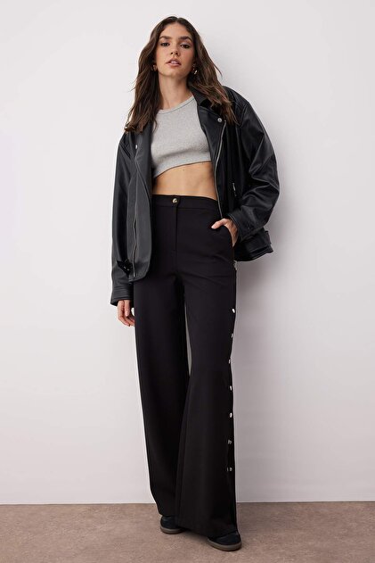 Trendyolmilla Siyah Wide Leg/Geniş Paça Yanları Düğmeli Dokuma