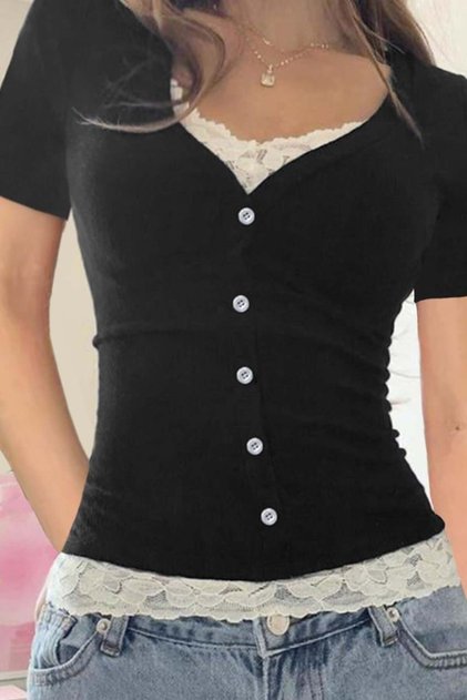 Black Short-Sleeve Cropped Shirt with Button Detail, Lace Collar, and Waist Detail