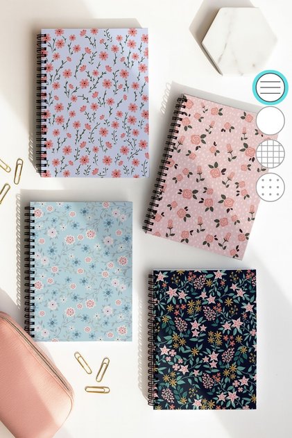 School Notebook Set with Spiral Line, A5 Size 50 Sheets 100 Sheets Set of 4, Floral Set