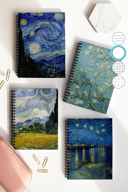 Van Gogh Spiral Unlined School Notebook Set, A5 / 50 Sheets 100 Sheets Set of 4, Van Gogh