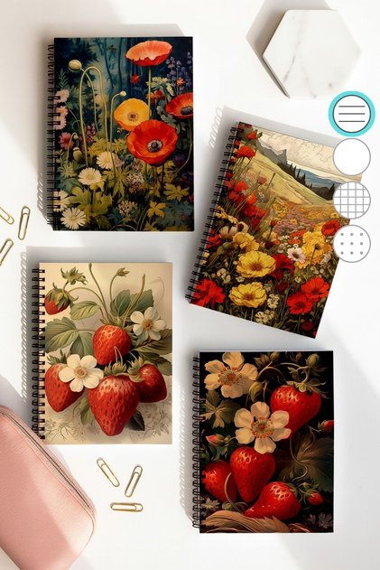 School Notebook Set with Spiral Line, A5 Size 50 Sheets 100 Sheets Set of 4, Strawberry Set