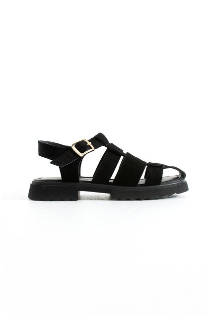 Feroxa Women's Buckle Detailed Genuine Leather Sandals Black Suede