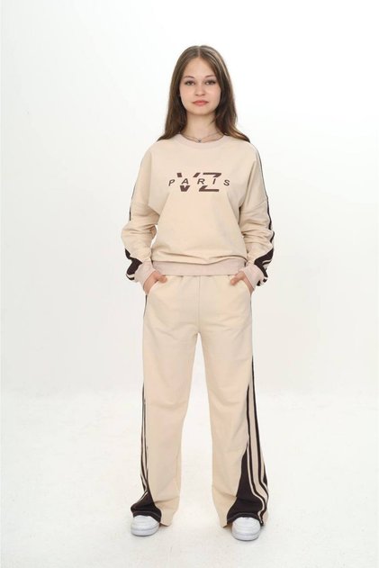 Girls 2 Thread Garnished Stripe 100% Cotton Tracksuit Set - 297