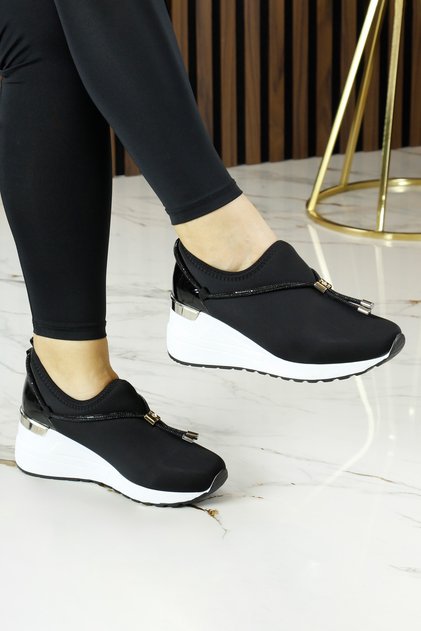 Ellie Black Stretch Chain Stone Buckle Metal Detailed Wedge Heeled Casual Shoes