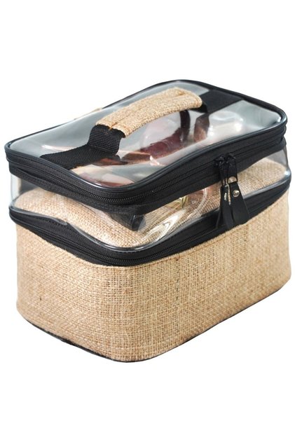 Makeup Bag Travel Women's Care Bag Organic Jute Double Transparent Compartment Two Compartments