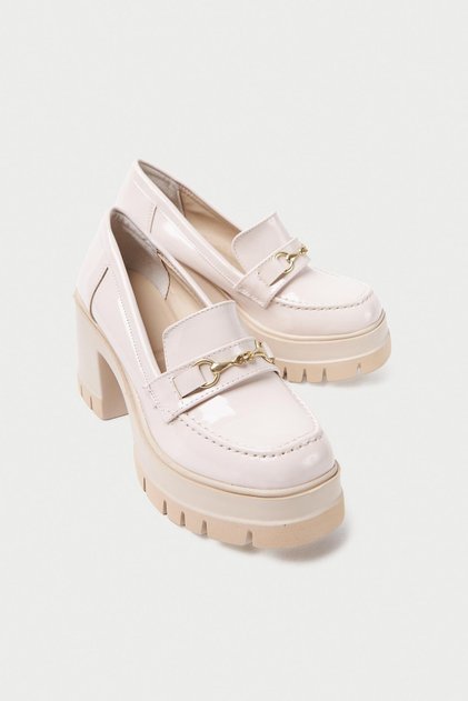 Genuine Leather Mberr604-Bj Women's Thick Heeled Patent Leather Buckle Detail Beige College Heeled Shoes