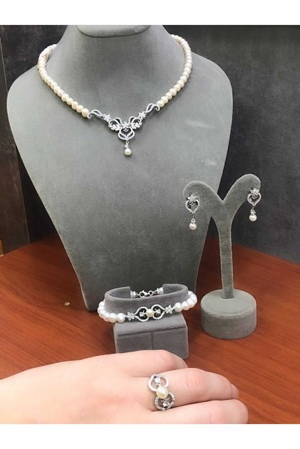 Sevgililer Günü Hediyesi - 925 Ayar Gümüş Rodyum (Beyaz Altın) Kaplama Gerçek İnci Set