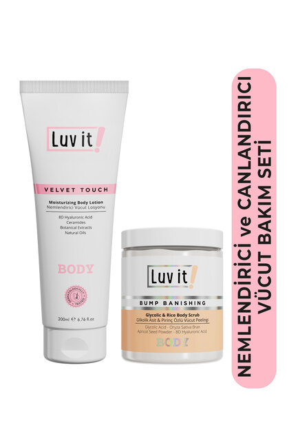 Pirinç Özlü, Seramid ve Hyalüronik Asit İçeren 2'li Vücut Bakım Seti - Body Scrub ve Vücut Losyonu