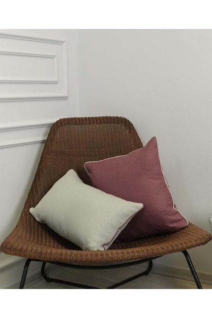 2-Piece Combination Linen Look Throw Pillow Cover with Piping in Dusty Rose and Gray Colors