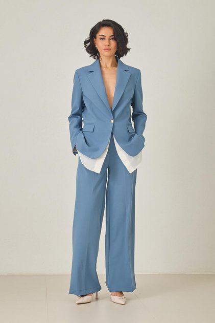 Blue Single Button and Shirt Detailed Jacket