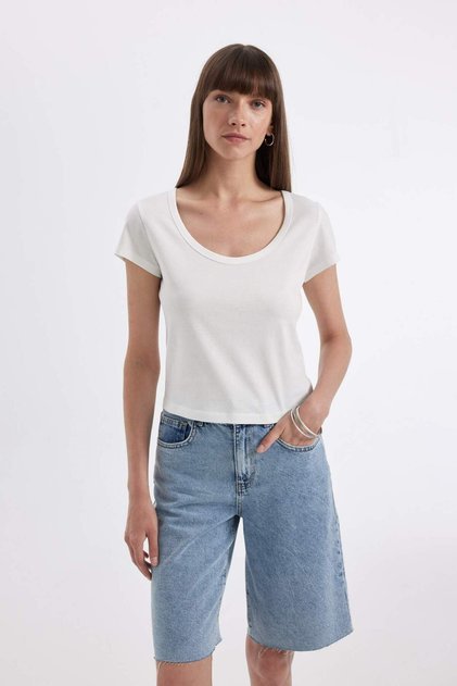 Damen Basic T-Shirt Gerippt, Slim Fit, Rundhals, Kurzarm – Sommer Top In Vielen Farben