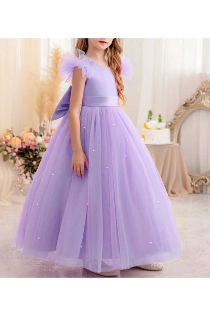 Ruched/Ruffled Sleeve Lilac Long Pearl Girls Princess Dress Graduation Birthday Dress