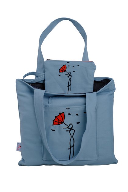 Butikmutik Şemsiyeli Kadın Nakışlı Fermuarlı Kanvas Bez Çanta ve Cüzdan Takımı (Mint)