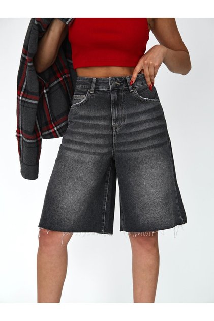 Women's Long Bermuda Denim Shorts Ripped Detailed Midi Length