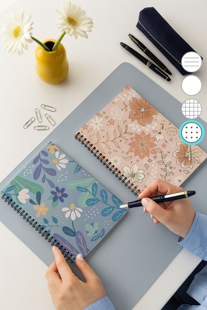 Set of 2 Dotted Notebooks, A5 Size 50 Sheets 100 Pages Set of 2, Blue Daisy