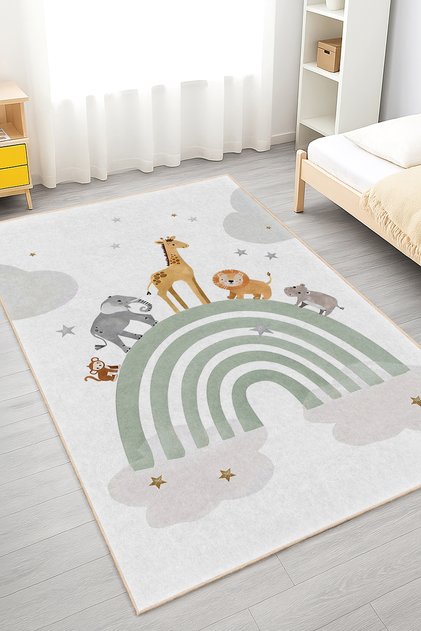 Canlı Renkli Hayvan Figürleri Desenli Çocuk Odası Yıkanabilir Kaymaz Taban Halı