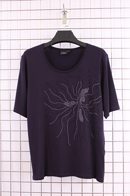 Women's Plus Size Lycra Crew Neck Stone Print Short Sleeve Mom T-Shirt Blouse - Purple
