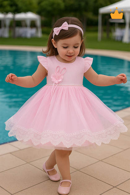 MNMONY 0-24 Months Baby Girl Evening Dress with Seersucker Tulle Skirt, Holiday  Dress, Hair Band Set, Pink 1007- Trendyol