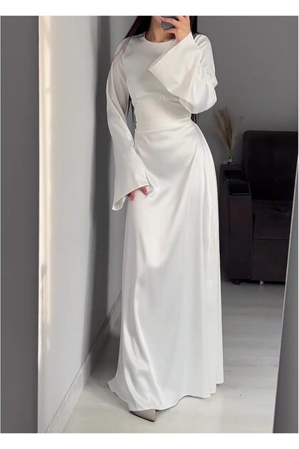 hijab evening dresses Sax Blue Turkish Gown 21960SX 100% SATIN Yeliz Pul Sequined Waist Floral