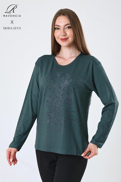 Women's Emerald Coated Patterned Stoned Slit Lycra Viscose Mother Combed Cotton Blouse