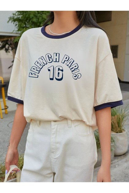 French Paris Piecework Single Jersey T-Shirt - Beige Oversize Crew Neck Short Sleeve T-Shirt