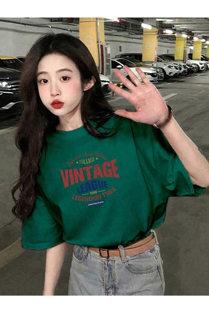 Vintage College T-Shirt - Green Printed Oversize Crew Neck Short Sleeve