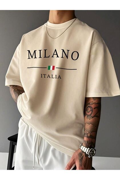 CLAYES MILANO ITALIA Baskılı Süprem Bej T-Shirt - Oversize