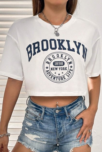 Tricou alb Crop pentru femei cu imprimeu Brooklyn 1898 Adventure