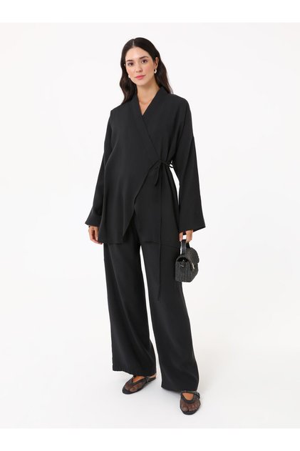 Modal Fabric Side Tie Detail Kimono & Pants Two-Piece Set - Black -