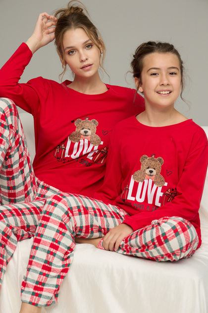 Red Plaid Cotton Crew Neck Knitted Pajamas Suit25241129