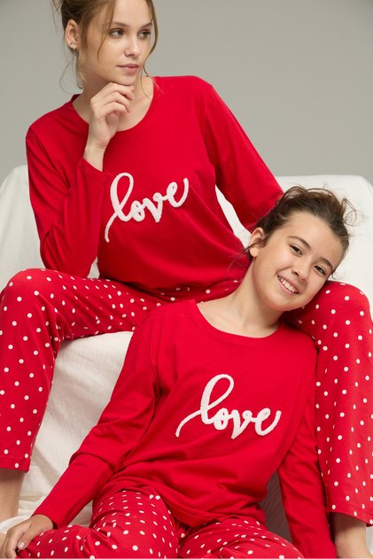 Red Dots Pattern Cotton Crew Neck Knitted Pajamas Suit25241137
