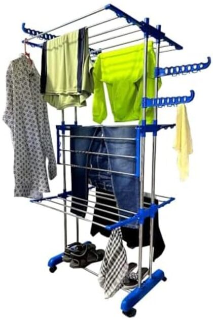 SUKILO Double Pipes Stainless Steel Cloth Drying Stand with Wheels – Foldable 3-Tier Floor Dryer R