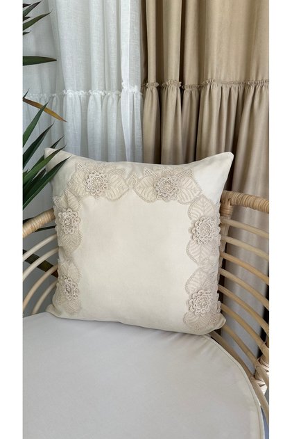 Cream Square Throw Pillow Case with Lace Detail