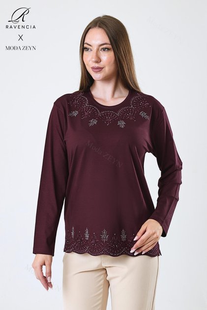 Women's Burgundy Leaf Patterned Skirt and Stone Embroidered Collar Lycra Viscose Mother Combed Cotton Blouse