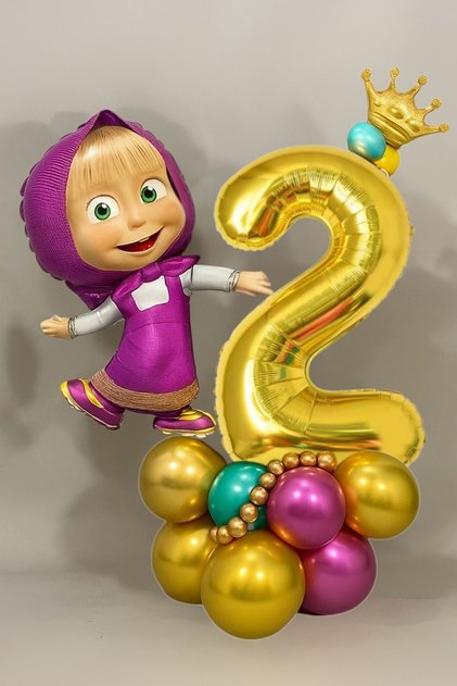 2 Yaş Lisanslı Büyük Boy Maşa ile Koca Ayı Balon Seti Maşa Balon Doğum Günü Gold Rakam Balon Set