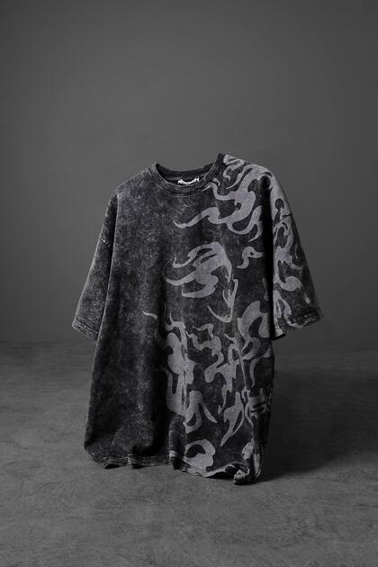 Men's Anthracite Written Side Print Special Washed Fabric Oversize Tshirt