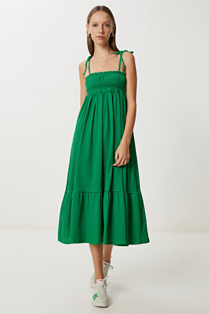 Strappy Flounced Crinkle Knitted Dress Lub0168 Dark Green