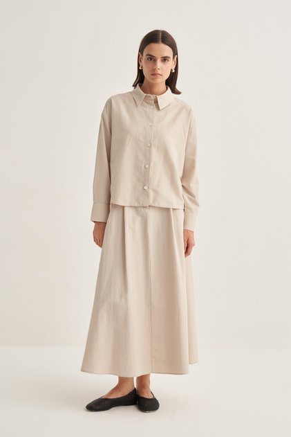Kadın Poplin Oversize Kısa Gömlek Bej