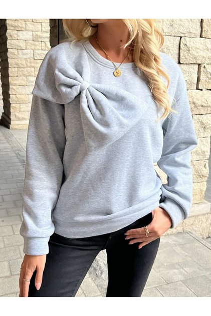 Kadın Büyük Kurdele Detaylı Bisiklet Yaka İçi Yünlü Gri Sweatshirt