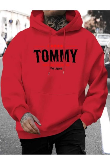 Tommy the Legend Printed Hooded Pocket Red Sweatshirt with Wool Inside