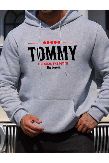 Tommy the Legend Printed Hooded Pocket Wool Inside Gray Sweatshirt