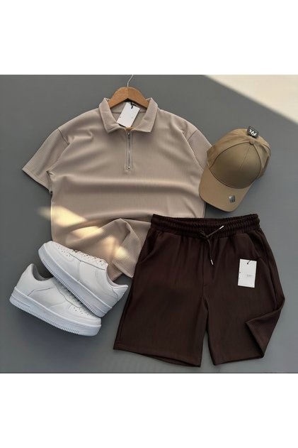 Ribbed Ottoman Premium Fabric Half Zipper Unisex T-Shirt and Shorts Set of 2