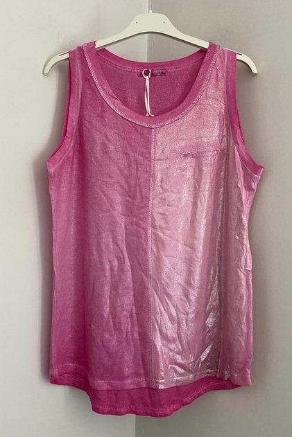 Women's Italian Fuchsia Round Neck Front Side Glitter Sleeveless Zero Sleeve Blouse